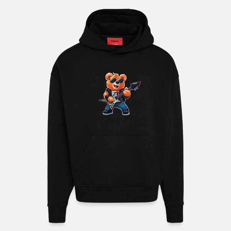 Heavy Metal Teddy Bear Guitariste - Sweat à capuche bio épais oversize fabriqué en UE - SOLID BLACK
