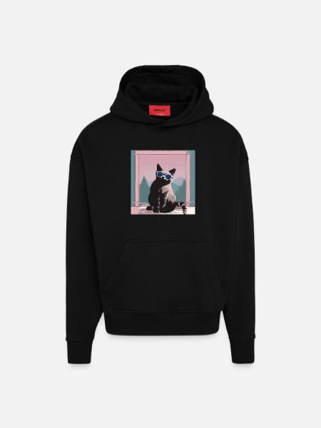 Cat in retro summer look - Hoodie- made by SPREAD  - SOLID BLACK