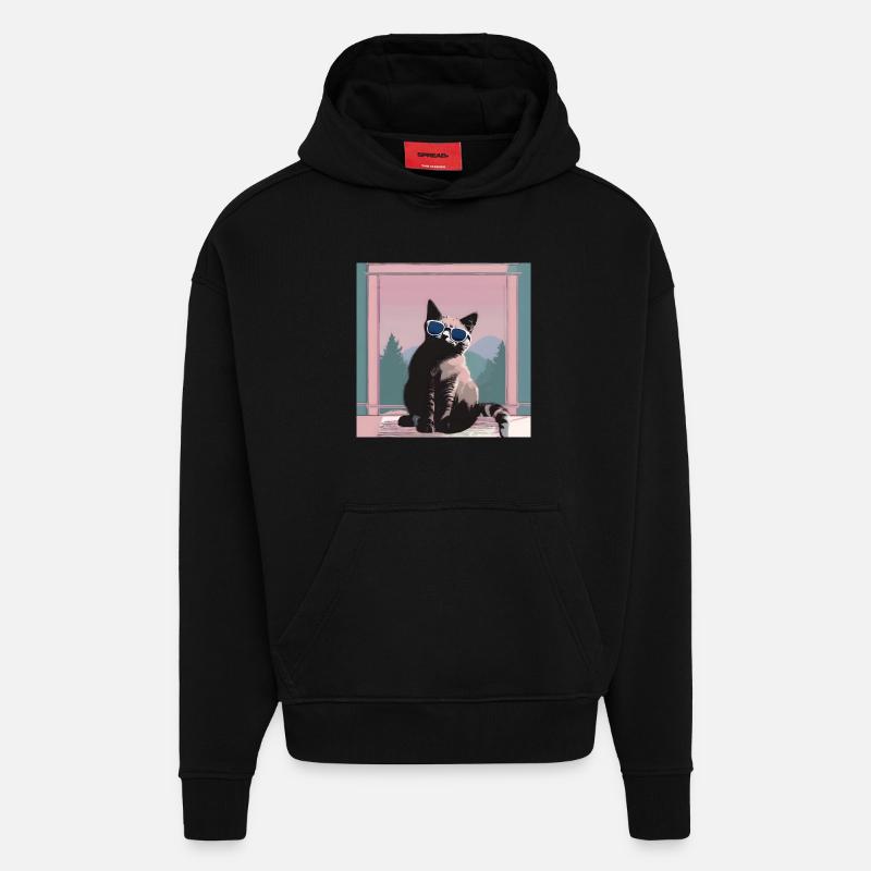 Chat au look rétro d’été - Sweat à capuche bio épais oversize fabriqué en UE - SOLID BLACK