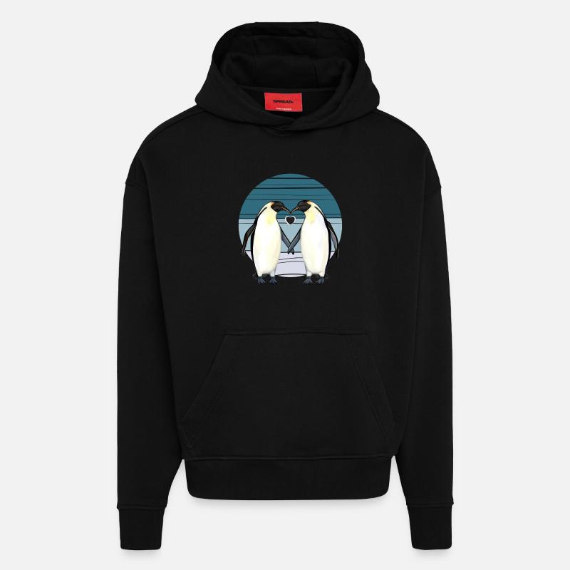 Saint-Valentin - Pingouin Amour avec Cœur - Sweat à capuche bio épais oversize fabriqué en UE - SOLID BLACK