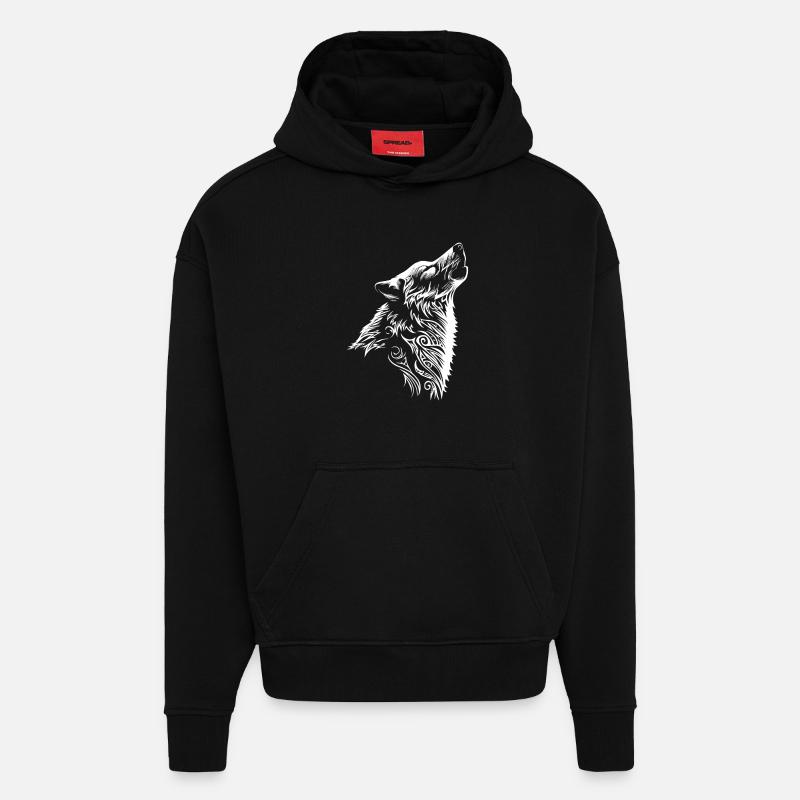 Tatouage tribal de tête de loup - Sweat à capuche bio épais oversize fabriqué en UE - SOLID BLACK