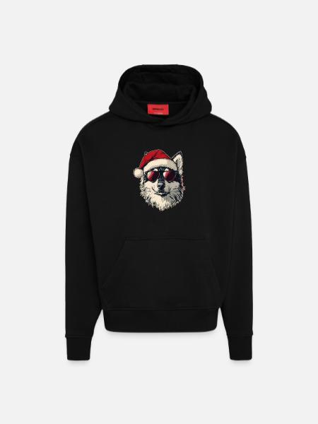 Husky Dog with Santa Hat - Hoodie- made by SPREAD  - SOLID BLACK