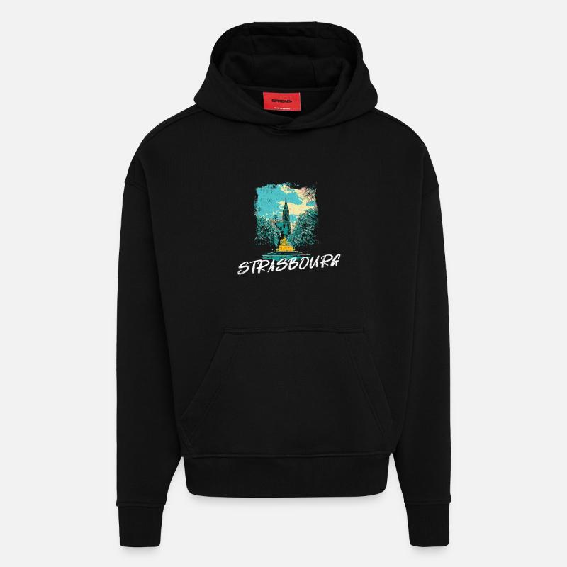 Strasbourg, Cathédrale illustration Rétro Ville - Sweat à capuche bio épais oversize fabriqué en UE - SOLID BLACK
