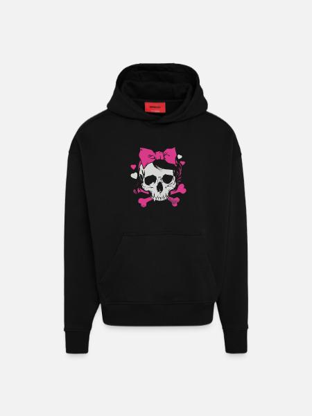 Pink Skull with Braids and Bows - Hoodie- made by SPREAD - SOLID BLACK