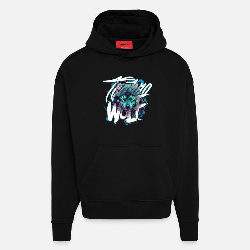 Neon Techno Wolf Head–Rave Wolf - Hoodie- made by SPREAD  - SOLID BLACK
