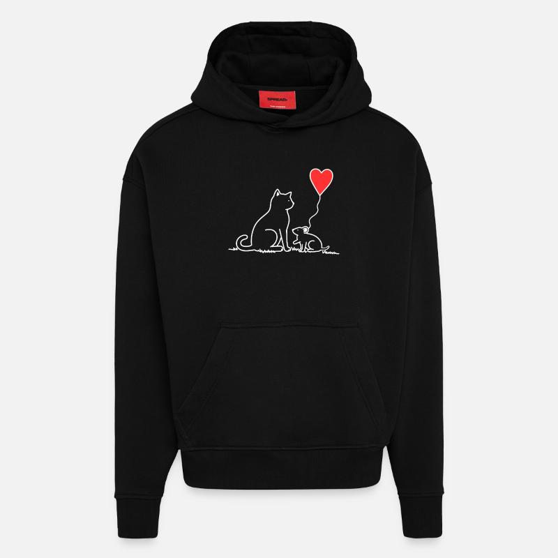 Katze und Maus mit Herzbalon - Hoodie- made by SPREAD  - SOLID BLACK
