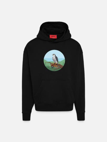 Épervier avec faisan - Sweat à capuche bio épais oversize fabriqué en UE - SOLID BLACK