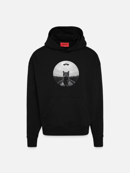 Funny UFO Space Cat Alien Design - Hoodie- made by SPREAD  - SOLID BLACK