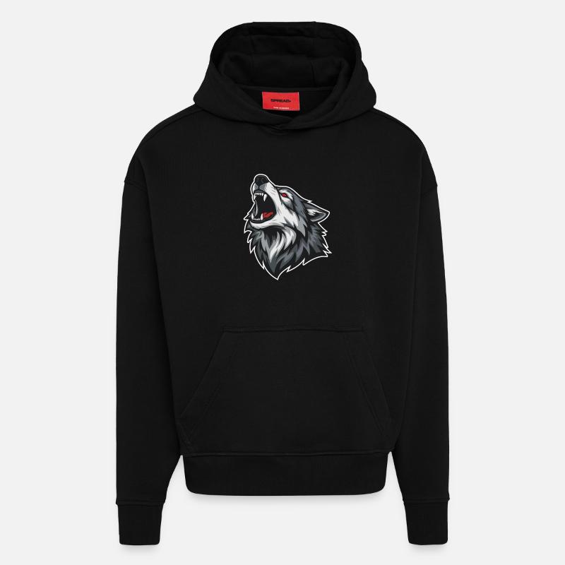 Loup Sauvage Hurlant Yeux Rouges Mascotte Wolf - Sweat à capuche bio épais oversize fabriqué en UE - SOLID BLACK
