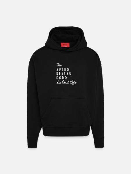 Real Life (white text) - Hoodie- made by SPREAD - SOLID BLACK