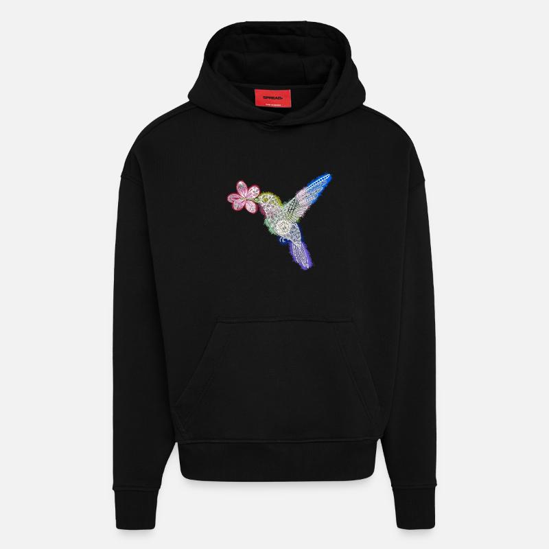 Zentangle-Kolibri mit Blume - Hoodie- made by SPREAD  - SOLID BLACK