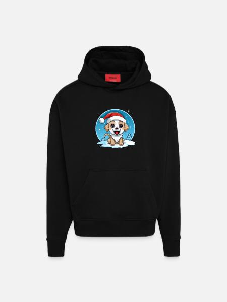 Winter dog with santa hat - Hoodie- made by SPREAD - SOLID BLACK