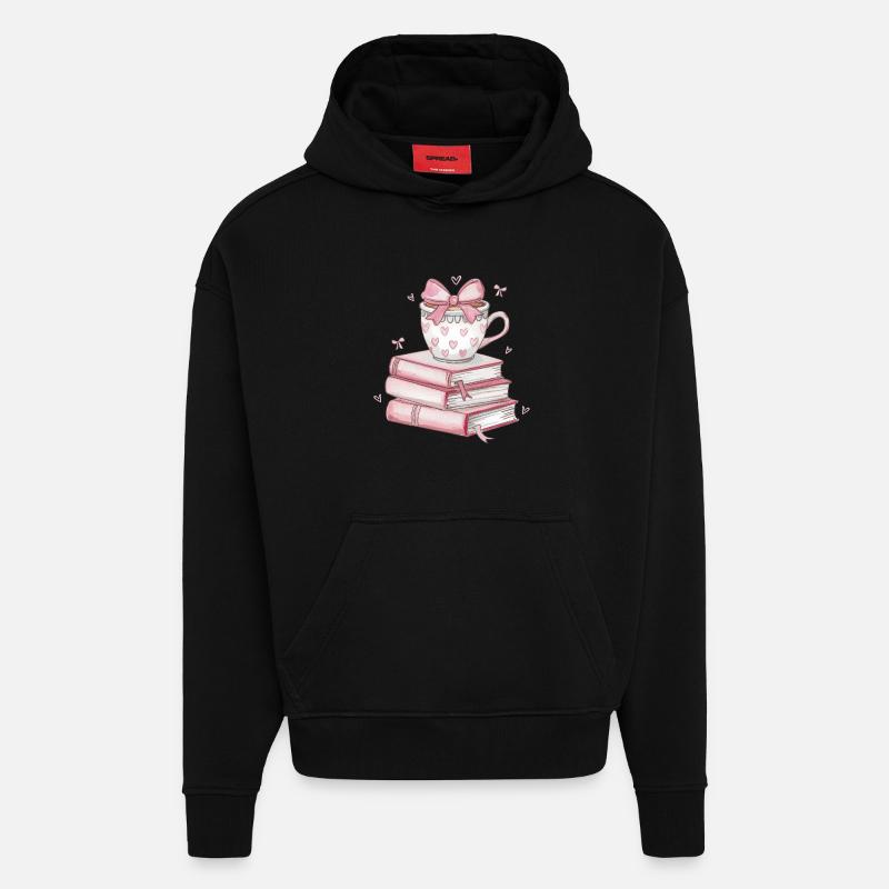 Heart Mug and Stack of Books - Hoodie- made by SPREAD  - SOLID BLACK