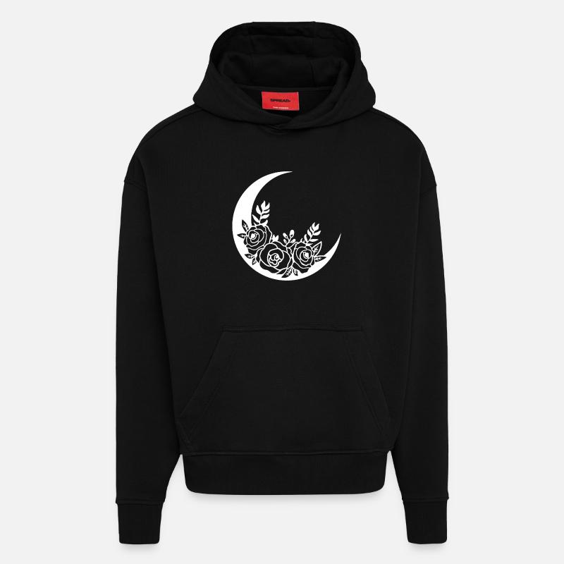 Lune fleurie blanche - Sweat à capuche bio épais oversize fabriqué en UE - SOLID BLACK