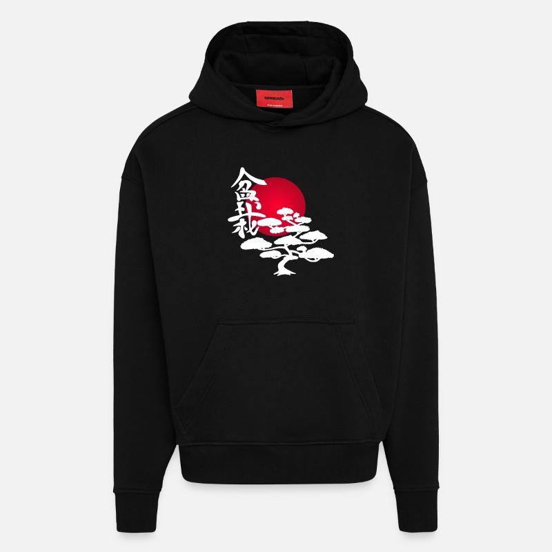 Arbre blanc et soleil rouge - Sweat à capuche bio épais oversize fabriqué en UE - SOLID BLACK