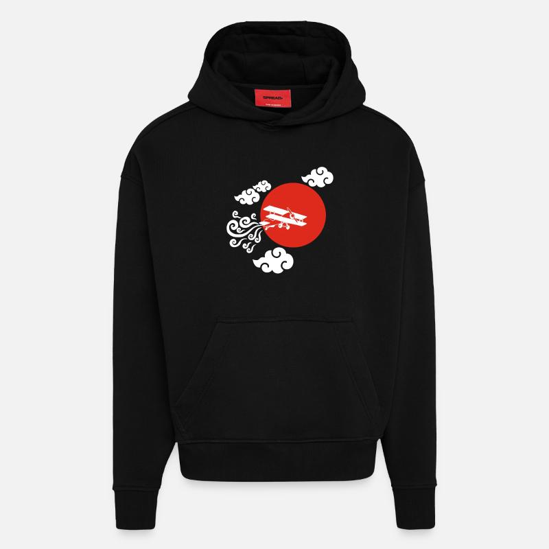 Avion blanc et soleil rouge - Sweat à capuche bio épais oversize fabriqué en UE - SOLID BLACK
