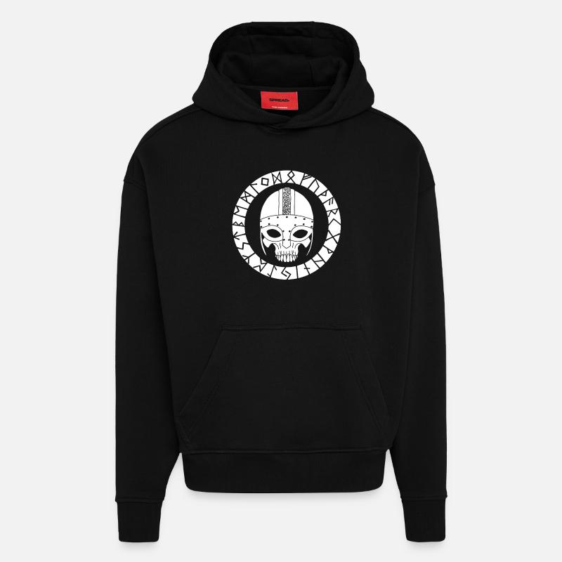 Crâne blanc et runes vikings - Sweat à capuche bio épais oversize fabriqué en UE - SOLID BLACK