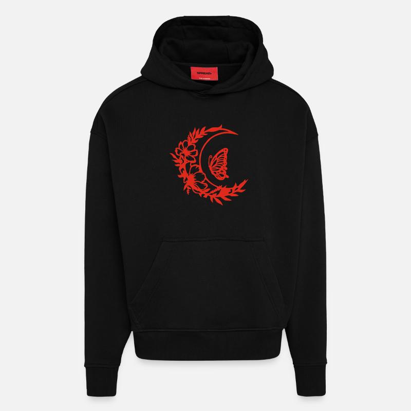 Fleurs de lune (rouge) - Sweat à capuche bio épais oversize fabriqué en UE - SOLID BLACK