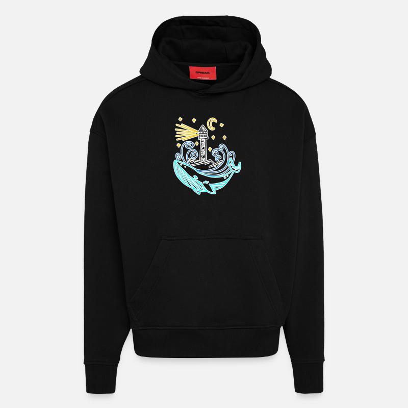 Phare côte mer mer - Sweat à capuche bio épais oversize fabriqué en UE - SOLID BLACK