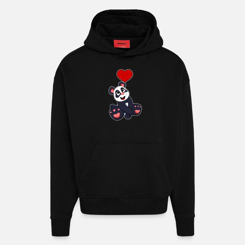 Panda avec coeur - Sweat à capuche bio épais oversize fabriqué en UE - SOLID BLACK
