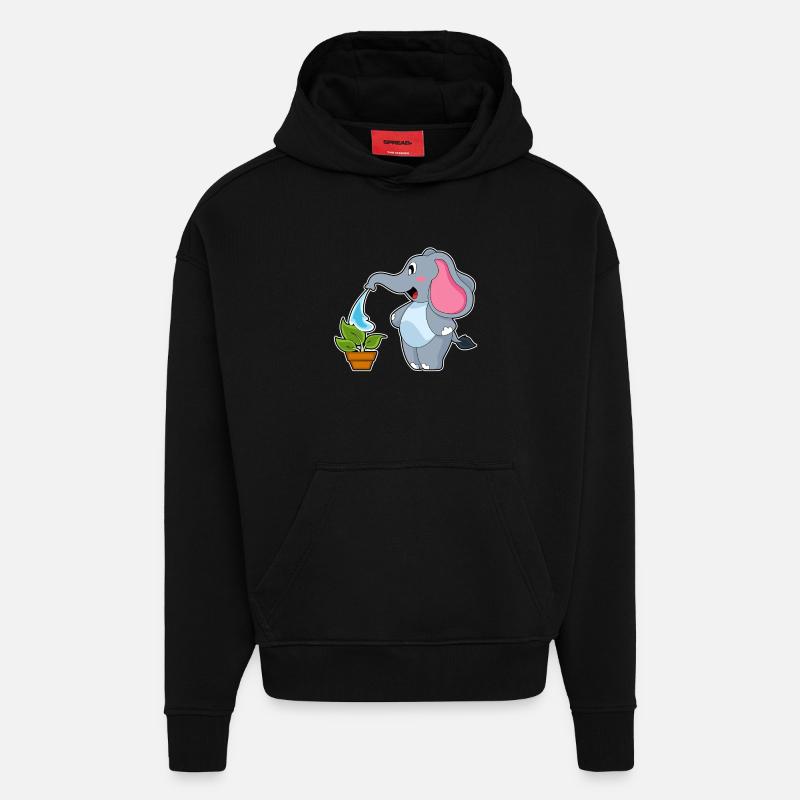 Éléphant avec plante - Sweat à capuche bio épais oversize fabriqué en UE - SOLID BLACK