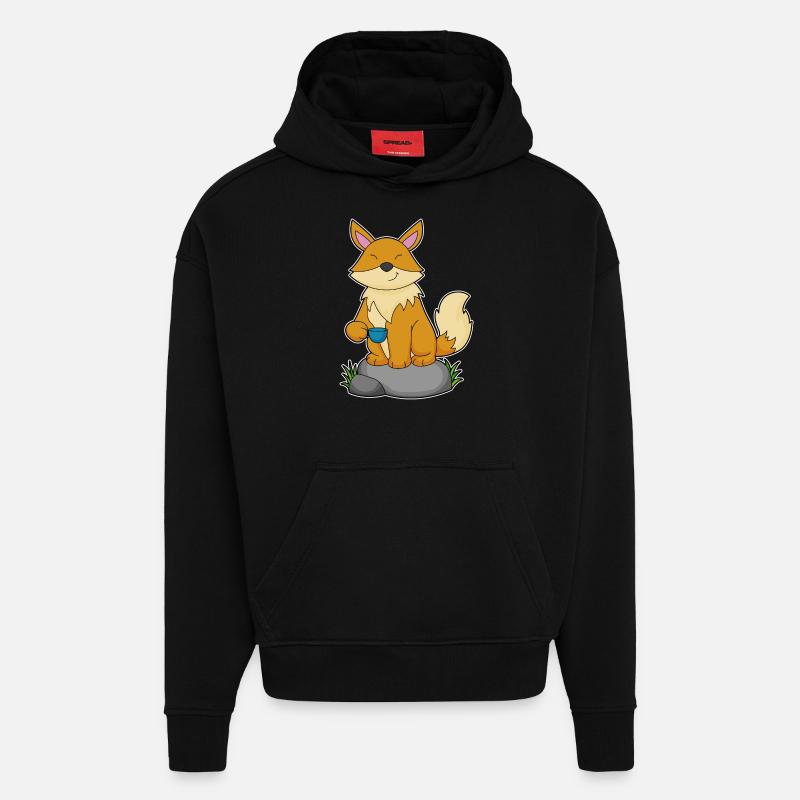 Fox with coffee cup - Hoodie- made by SPREAD  - SOLID BLACK