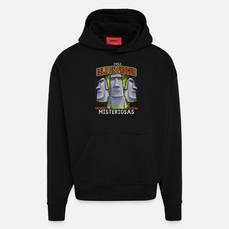 Moai, Têtes de pierre, Île de Pâques Rapa-Nui - Sweat à capuche bio épais oversize fabriqué en UE - SOLID BLACK