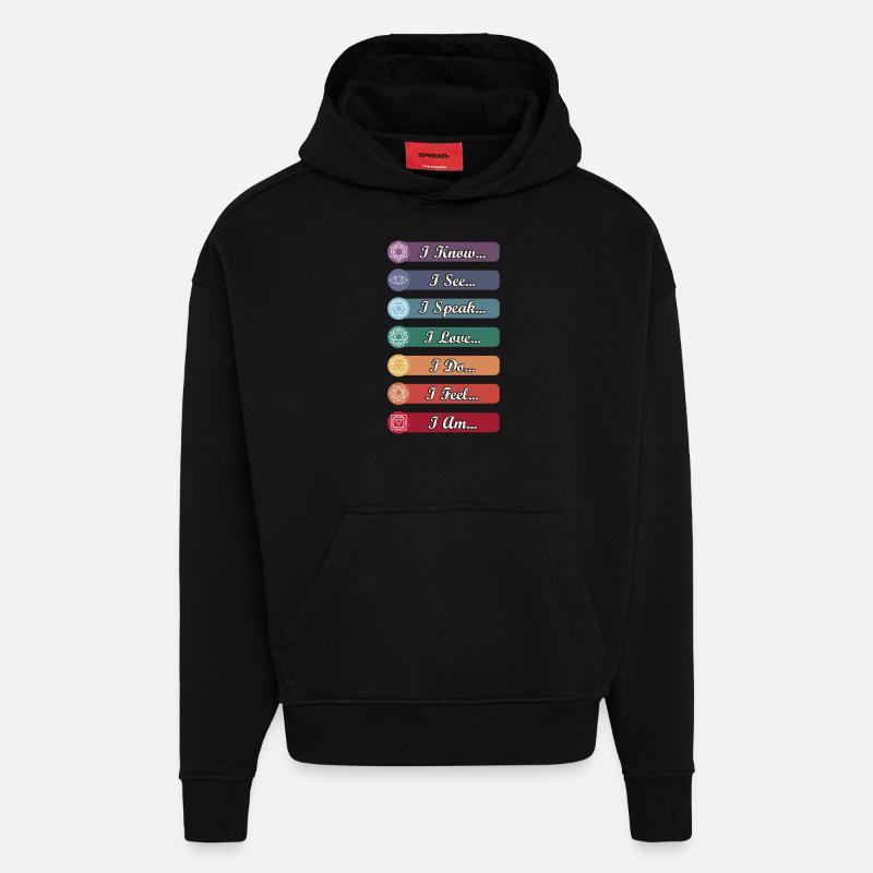 Symboles de chakra de yoga - Sweat à capuche bio épais oversize fabriqué en UE - SOLID BLACK