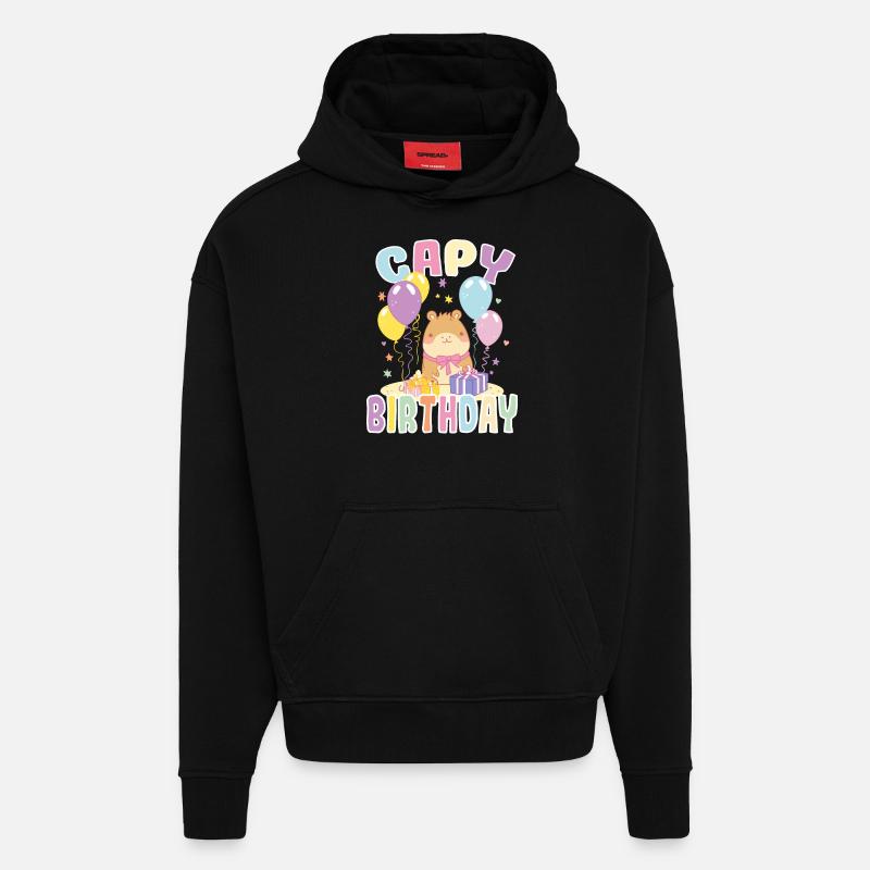 Capy Anniversaire Mignon Capybara Anniversaire - Sweat à capuche bio épais oversize fabriqué en UE - SOLID BLACK