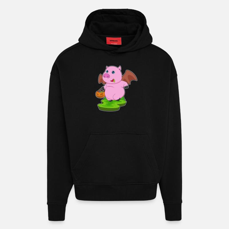 Cochon Halloween Bat - Sweat à capuche bio épais oversize fabriqué en UE - SOLID BLACK