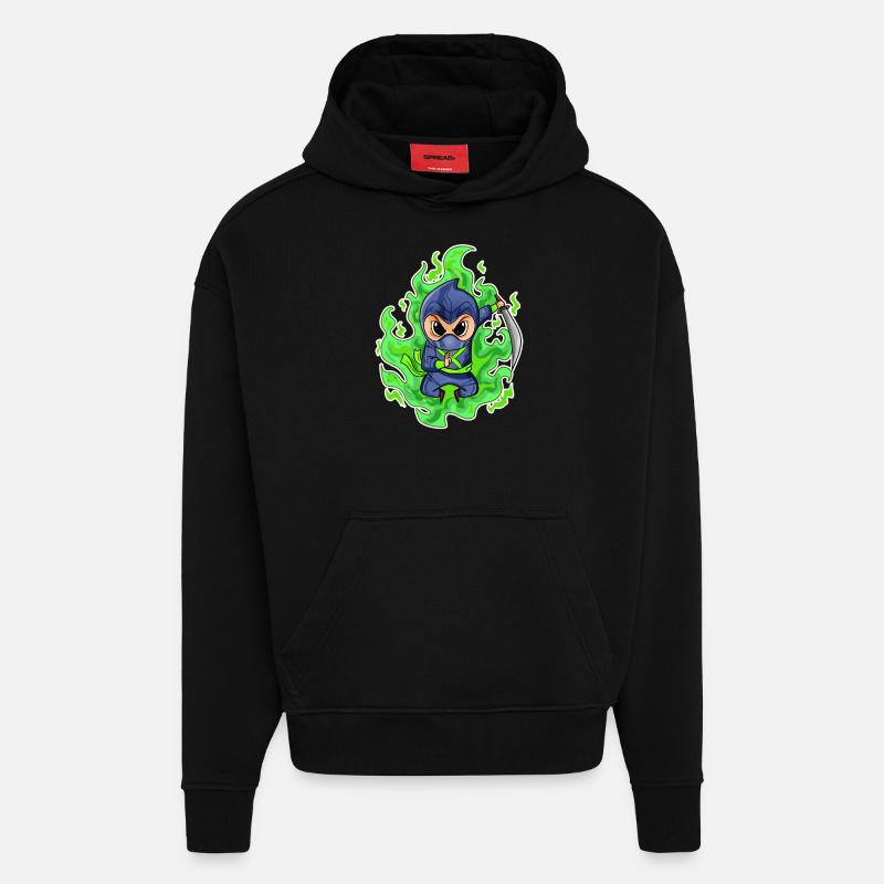 Motif Ninja Vert Feu - Sweat à capuche bio épais oversize fabriqué en UE - SOLID BLACK