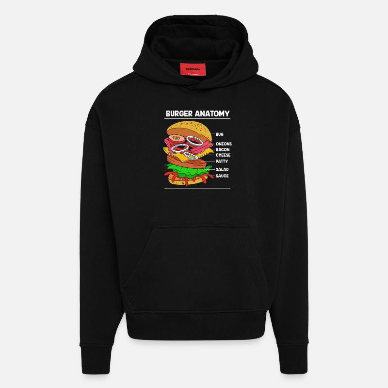 Anatomie du cheeseburger - Sweat à capuche bio épais oversize fabriqué en UE - SOLID BLACK