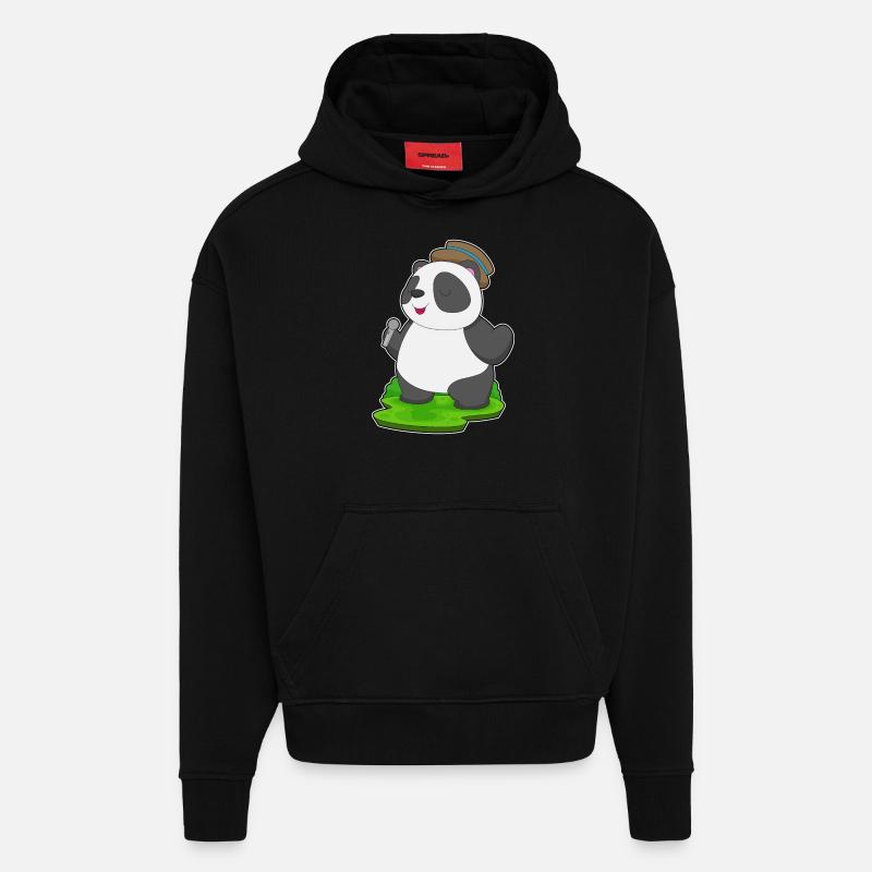 Panda Singer Microphone Musique - Sweat à capuche bio épais oversize fabriqué en UE - SOLID BLACK