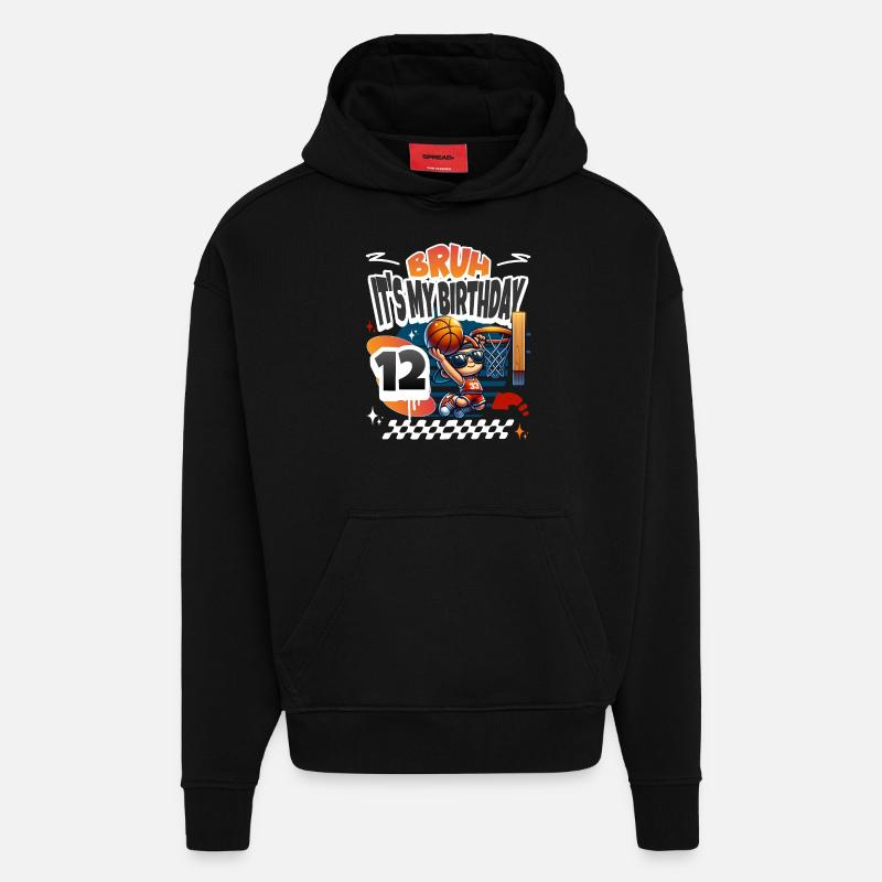 12e anniversaire de basket-ball - Sweat à capuche bio épais oversize fabriqué en UE - SOLID BLACK