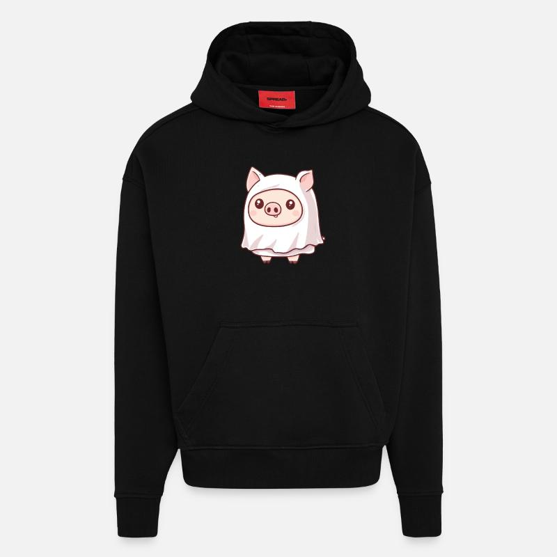 Pig Halloween Comic Ghost - Hoodie- made by SPREAD  - SOLID BLACK