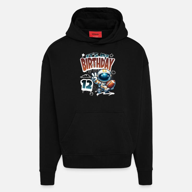 Astronaute 12e anniversaire Football - Sweat à capuche bio épais oversize fabriqué en UE - SOLID BLACK