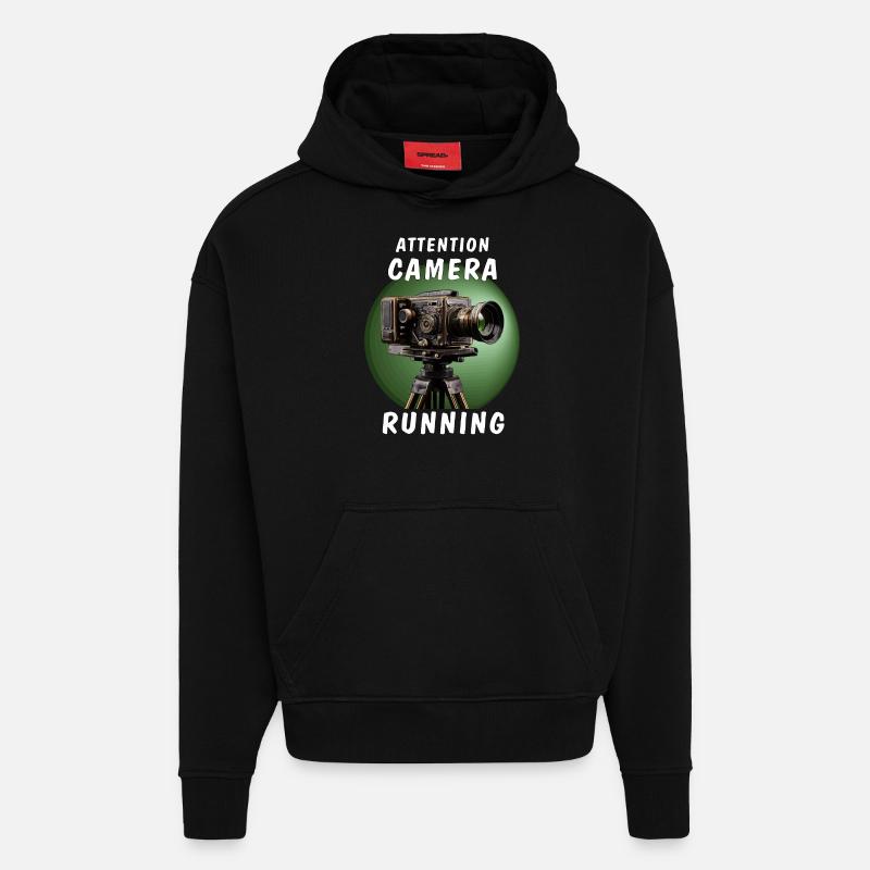 ATTENTION CAMÉRA EN MARCHE - Sweat à capuche bio épais oversize fabriqué en UE - SOLID BLACK