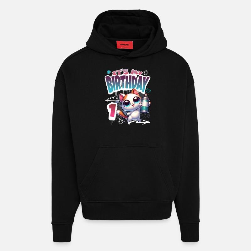 1er anniversaire chat graffiti - Sweat à capuche bio épais oversize fabriqué en UE - SOLID BLACK