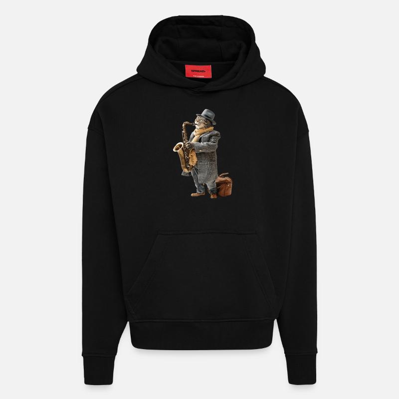 Saxophone chat - Sweat à capuche bio épais oversize fabriqué en UE - SOLID BLACK