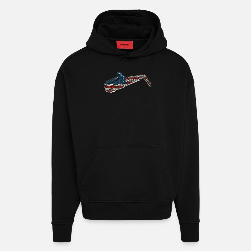 Saxophones Drapeau Américain - Sweat à capuche bio épais oversize fabriqué en UE - SOLID BLACK