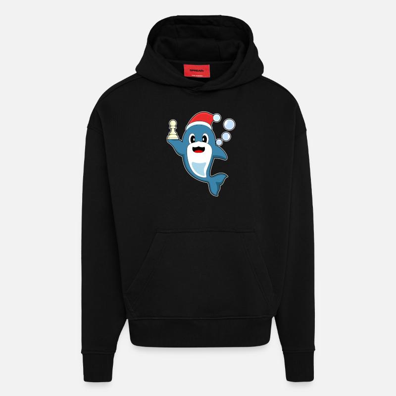 Dauphin Noël Échecs - Sweat à capuche bio épais oversize fabriqué en UE - SOLID BLACK