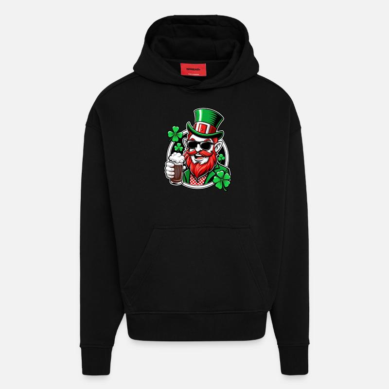 Leprechaun & Beer - Saint-Patrick - Irlande - Sweat à capuche bio épais oversize fabriqué en UE - SOLID BLACK