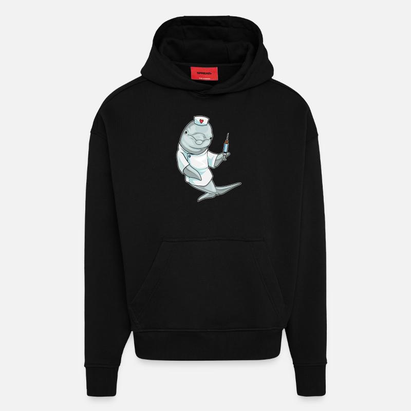 Seringue d’infirmière dauphin - Sweat à capuche bio épais oversize fabriqué en UE - SOLID BLACK