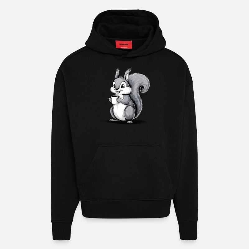 Écureuil Eichhörnchen Boire Café Caféine - Sweat à capuche bio épais oversize fabriqué en UE - SOLID BLACK