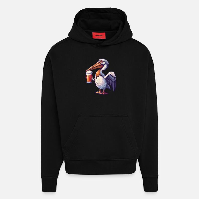 Bière Pelican Bird Pixel - Sweat à capuche bio épais oversize fabriqué en UE - SOLID BLACK
