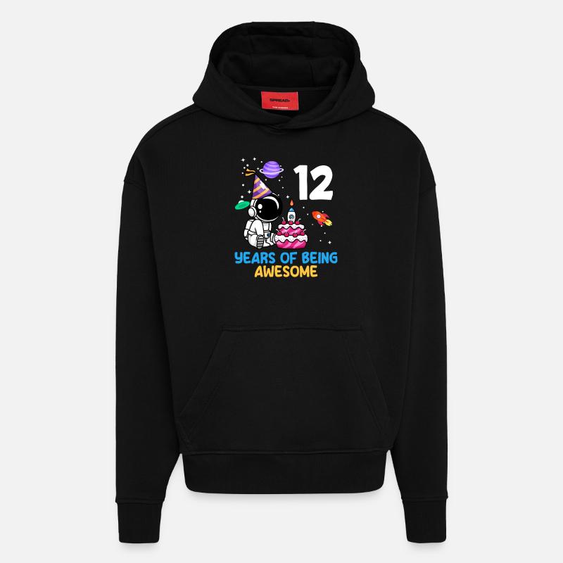 12 ans d’anniversaire d’astronaute unique - Sweat à capuche bio épais oversize fabriqué en UE - SOLID BLACK