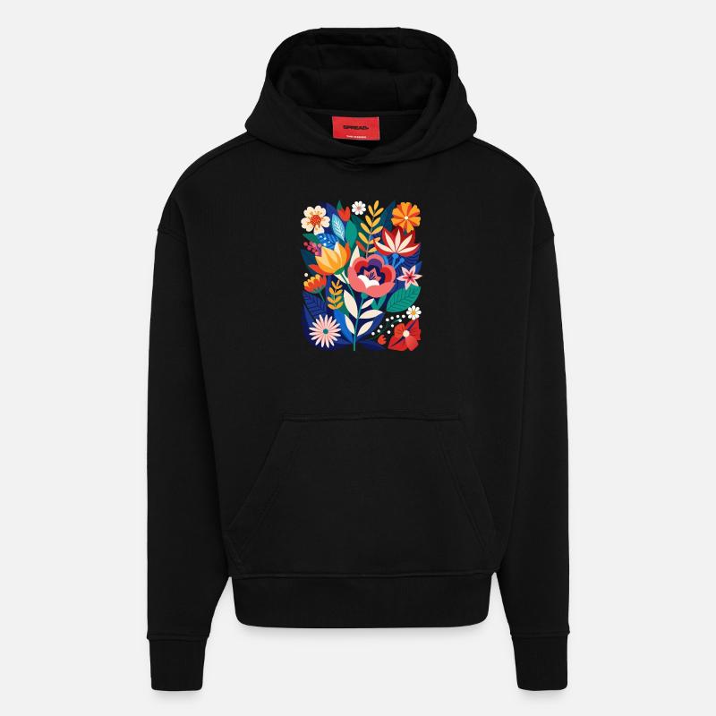 Fleurs - Printemps - Été - Fleurs - Sweat à capuche bio épais oversize fabriqué en UE - SOLID BLACK
