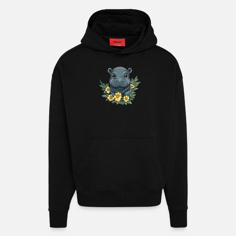 Bébé fleur hippopotame - Sweat à capuche bio épais oversize fabriqué en UE - SOLID BLACK