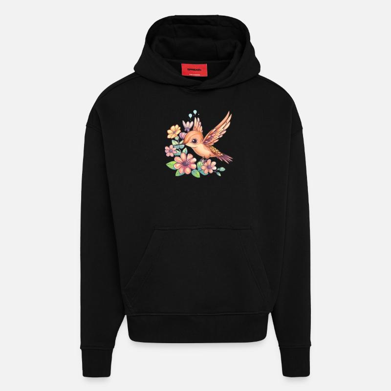 Colibri entre les fleurs - Sweat à capuche bio épais oversize fabriqué en UE - SOLID BLACK