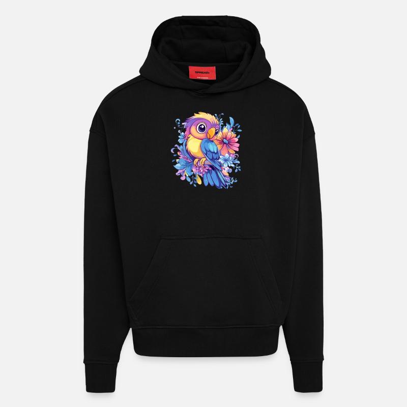 Perroquet sur fleurs - Sweat à capuche bio épais oversize fabriqué en UE - SOLID BLACK